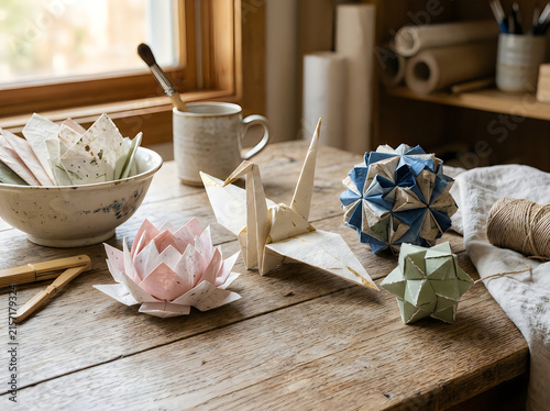 Origami paper art on a rustic wooden desk