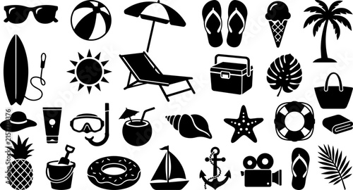 Summer beach icon set, tropical vacation vector elements, black silhouette holiday symbols for travel design isolated on White Background