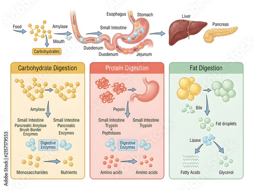 Human digestive system diagram showing carbohydrate protein and fat digestion isolated on white background