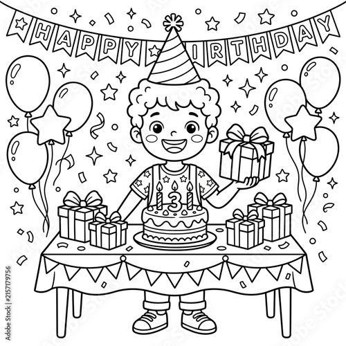 Happy 3rd Birthday Coloring Page for Kids with Boy Cake Balloons and Gift Boxes