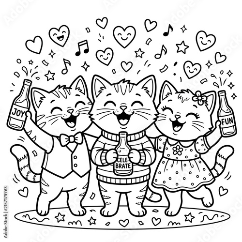 Cute Cats Celebrating Party Illustration with Drinks and Confetti Line Art