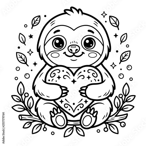 Cute Sloth Holding Heart Vector Illustration for Coloring Page and Valentine Design