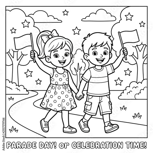 Happy children holding flags in a park coloring page for kids