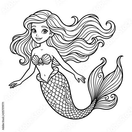 Cute mermaid character line art illustration for coloring book page