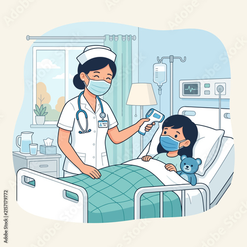Nurse checking temperature of a sick child in hospital bed vector illustration