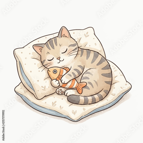 Cute tabby kitten sleeping on a soft pillow with a plush fish toy illustration