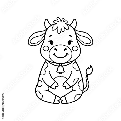 Cute cartoon cow illustration with dotted line style for kids coloring book page design.