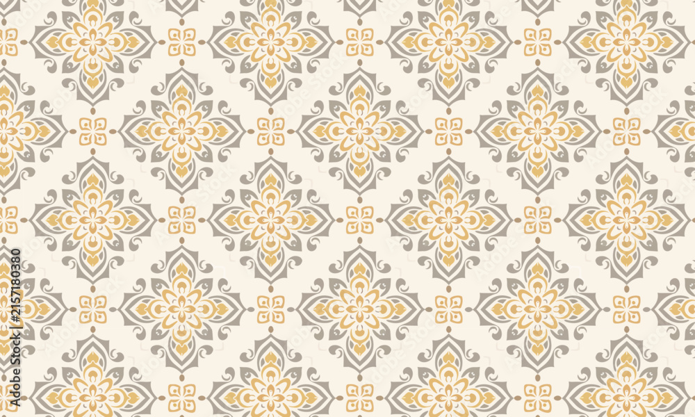 Fototapeta premium Vintage Gold Damask Floral Seamless Vector Pattern on Cream Background — Elegant Baroque Repeat for Wallpaper and Textile