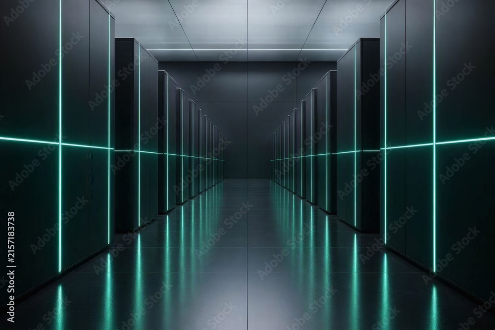 Obraz premium Futuristic server room corridor with glowing cyan light lines