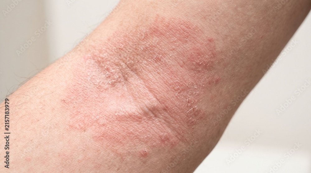 Fototapeta premium Macro shot of red atopic dermatitis eczema rash on elbow