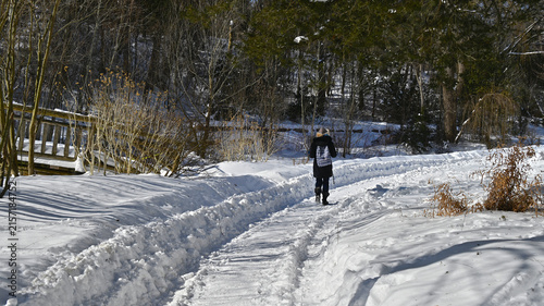 Rear view of a woman walking in a snow covered footpath