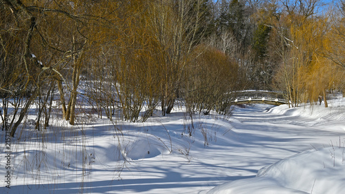 Winter landscape of the snow covered public park with a wooden bridge