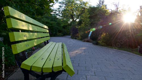 Low angle view of the park bench with lens flare
