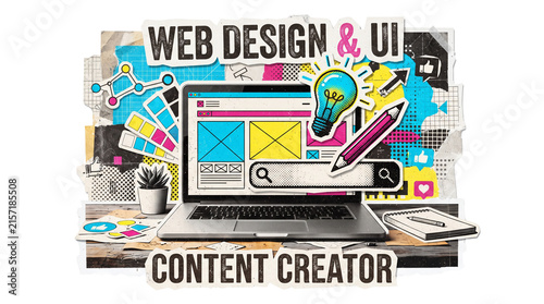 Collage illustration about web design, UI, and content creation featuring a laptop, lightbulb, and creative tools.