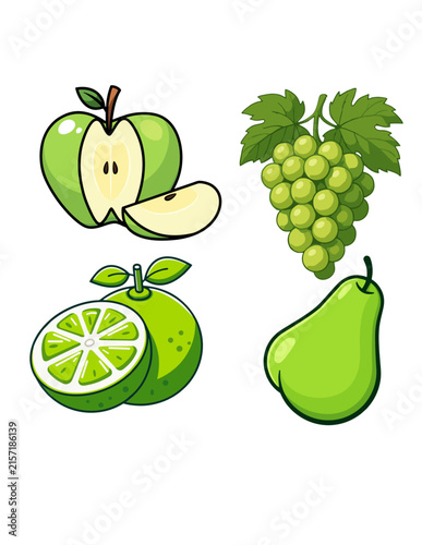 Green Fruit Collection – Apple, Grapes, Lime and Pear Cartoon Vector Illustrations