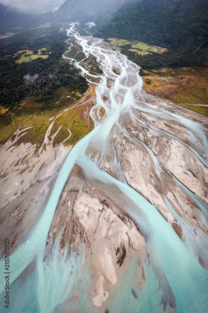 Fototapeta premium Stunning aerial view of braided river in Patagonia, Chile, 2024