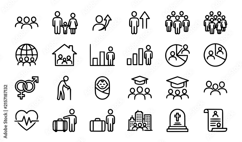 Fototapeta premium Collection of social people and demographics line icons with demographics population community business statistics analysis graduation relationship management corporate