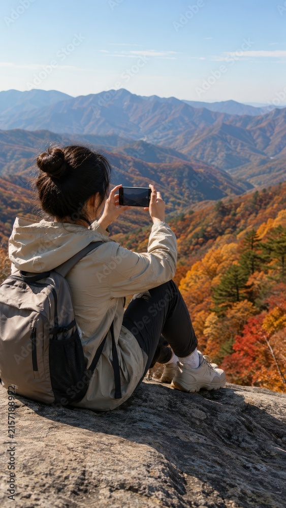 Fototapeta premium Woman Photographing Autumn Mountains from Rocky Viewpoint
