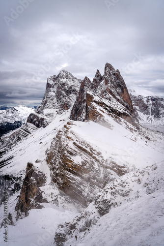 Obraz na plátne Seceda peak in the Dolomites, Italy, covered with snow in 2024