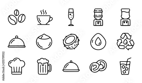 Collection of coffee, tea, drinks, food and recycling symbols in hand drawn outline style