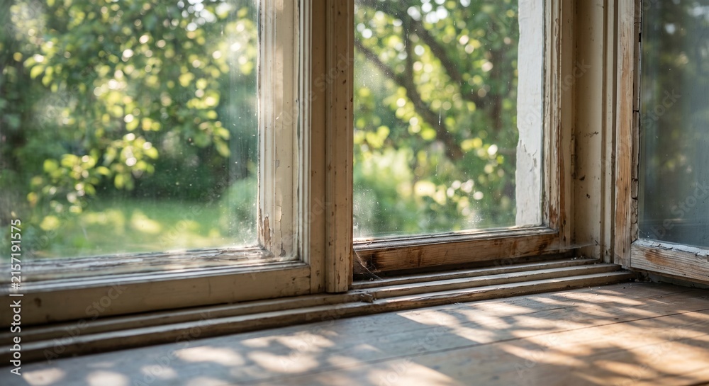 Fototapeta premium Old wooden window frame with natural sunlight and blurred green garden view background