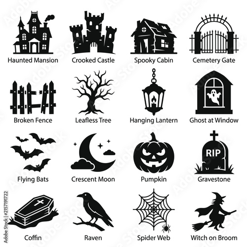 Halloween Icon Set with Spooky Haunted House Castle Pumpkin Witch and Ghost Vector Elements