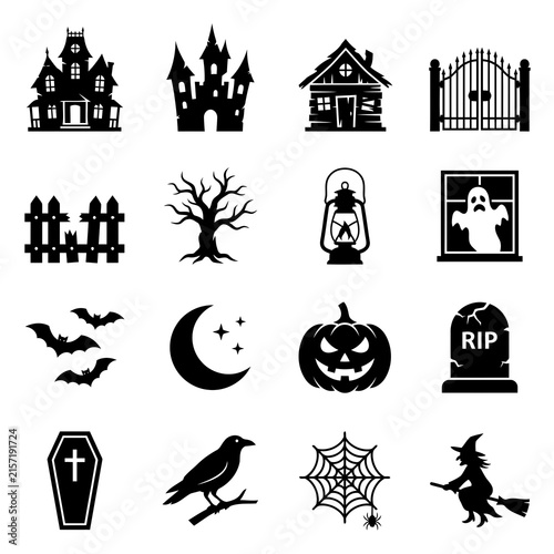 Halloween Icon Set with Haunted House, Pumpkin, Ghost, and Witch Vector Illustrations