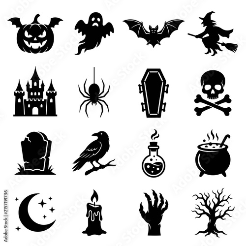 Halloween icon set with spooky symbols like pumpkin ghost bat witch castle and skull