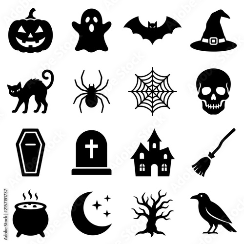 Halloween icon set with pumpkin ghost bat witch hat skull and spooky holiday symbols