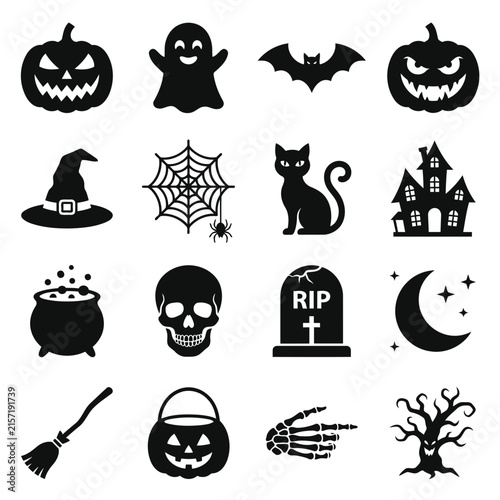 Halloween icon set with spooky pumpkins, ghosts, bats, and haunted house vector elements