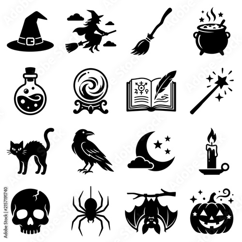 Halloween Witchcraft Icon Set Featuring Magic Spells and Spooky Symbols