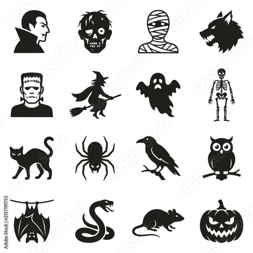 Halloween icon set with spooky monsters, creatures and holiday symbols in flat black style