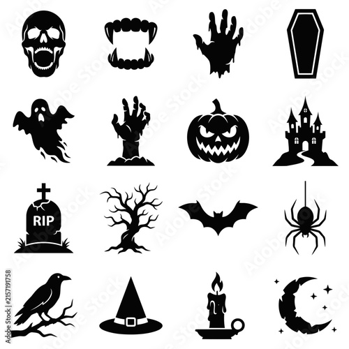 Halloween Icon Set with Spooky Symbols and Horror Elements for Holiday Design Projects