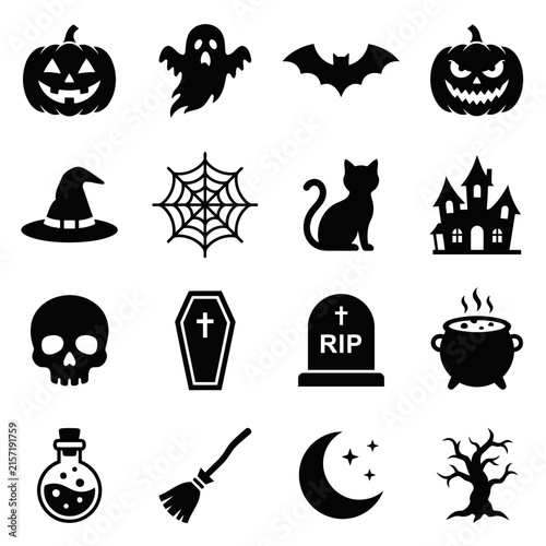 Halloween Icon Set with Pumpkin Ghost Bat Cat Skull Witch Hat and Spooky Elements