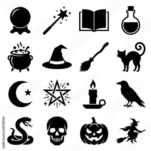 Witchcraft and Halloween magic icon set featuring occult symbols and mystical elements.