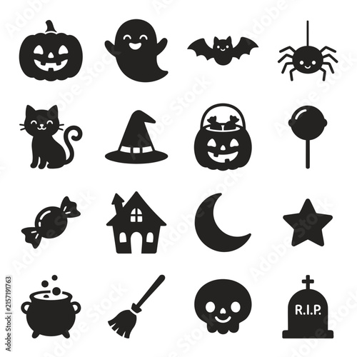 Halloween icon set with spooky pumpkin ghost bat cat witch hat and holiday symbols