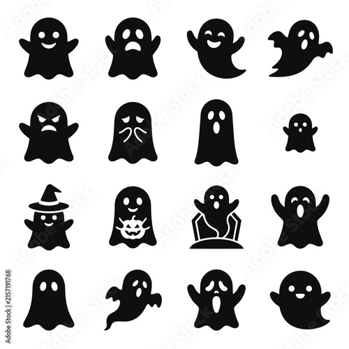 Set of black ghost icons for Halloween design, spooky spirit vector illustrations.