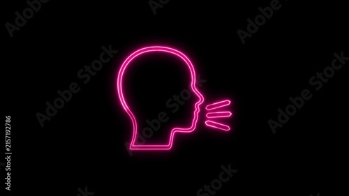 Glowing pink neon head coughing and speaking animation on a black background, respiratory health, voice control, medical symptom, or social distancing