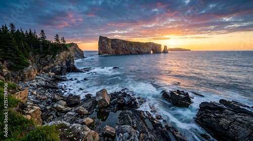 Gaspesie Quebec Perce Rock offshore at sunrise with wild coastline, Professional Editorial Nature Photograph.