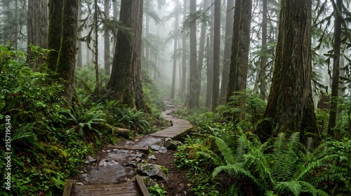 Vancouver Island Pacific Rim old-growth rainforest trail with mist and ferns, High-Resolution Travel and Nature Stock Photo.