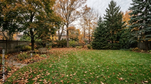 Cozy autumn backyard garden with bench and scattered fall foliage on grass.