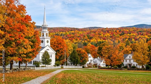 New England village green in peak autumn - steepled white church, maple canopy, Premium Nature Stock Photography Capture.