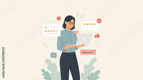 Business woman checking online customer feedback reviews on laptop computer in a clean office setting