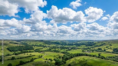 British summertime cumulus clouds over rolling green hills - bright optimistic sky, Premium Nature Stock Photography Capture.