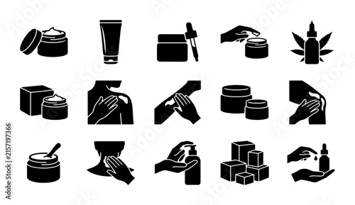 Skincare cosmetic icons set, black solid beauty product symbols, 15 vector illustrations of cream jars and lotions for spa branding