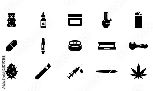 Cannabis and Marijuana Icon Set, 15 Black Solid Vector Symbols, Medical Hemp and Recreational Drug Equipment Icons