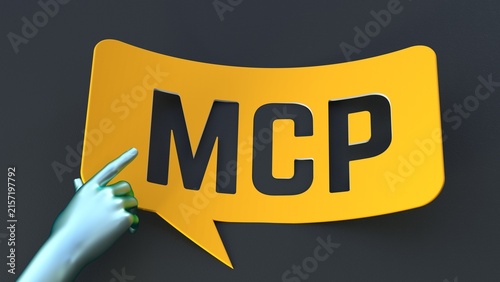 Model Context Protocol MCP concept on yellow warning tape with robotic hand and dark background