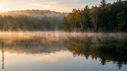 Morning mist rising from glassy New England lake at first light, birch reflections, Ultra High-Definition Background Stock Image.