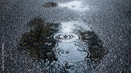 Rain drops hitting still puddle on Manhattan street, concentric circles closeup, High-Resolution Travel and Nature Stock Photo.