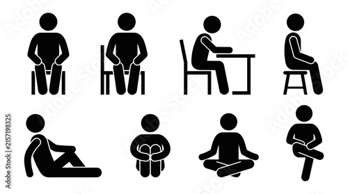 People in Various Sitting and Working Positions Vector Icons Set. Minimalist Bla